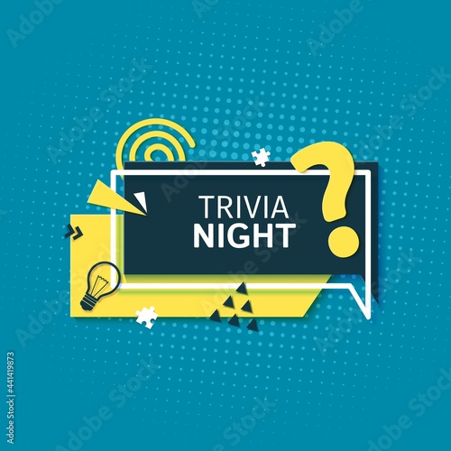 Trivia Night show label in paper cut style. Layout banner with white frame and yellow question mark. Flat geometric shapes memphis retro style. Layered papercut sticker for ad flyer. Vector card