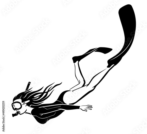 Female Swimming Deep, Snorkeling Illustration