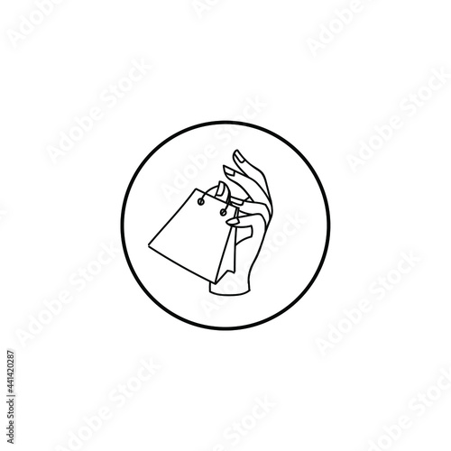 Beautiful Hand With Shopping Bag Feminine Line Art Logo Vector Illustration Template Icon 