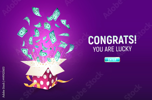 Win prize and money vector illustration. Gambling advertising banner. Open textured gift box with dollar currency explosion out off. Giftbox on purple background. 