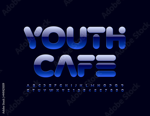 Vector modern Logo Youth Cafe. Glossy Stylish Font. Trendy Alphabet Letters and Numbers