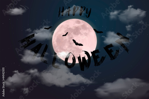 carte ou bandeau sur happy halloween en noir avec la lune et des chauve souris sur un fond d'une nuit noire avec des nuages