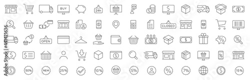 Shopping icon. E-commerce icons set. Online shopping. Shopping cart, surprise gift and Delivery symbols. Speech bubble, Discount tag coupon , Credit card. Online sale. Vector illustratin.