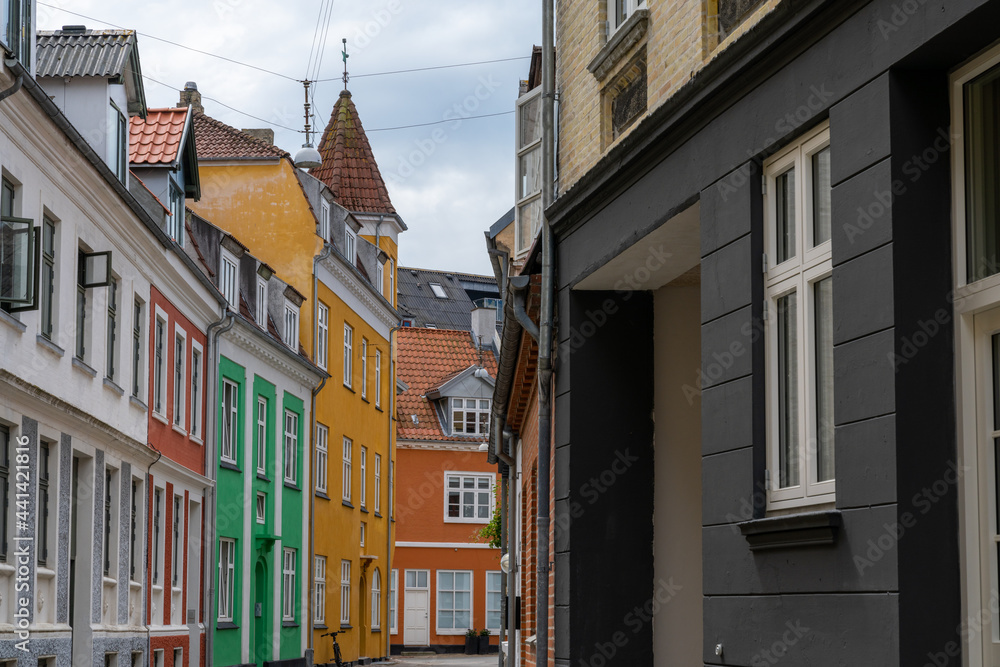 colorful small houses in the historic old city center of Aalborg