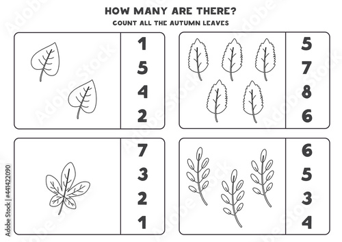 Counting game with black and white autumn leaves. Math worksheet.
