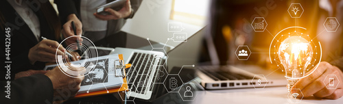 Team business working online marketing projec.	