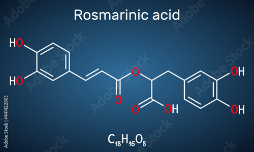Rosmarinic acid, molecule. It is polyphenol, phenylpropanoid, monocarboxylic acid, non-steroidal anti-inflammatory drug, antioxidant, serine proteinase inhibitor. Dark blue background