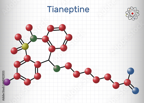 Tianeptine molecule. It is tricyclic antidepressant TCA. Structural chemical formula and molecule model. Sheet of paper in a cage photo