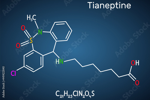 Tianeptine molecule. It is tricyclic antidepressant TCA. Structural chemical formula on the dark blue background