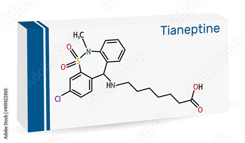 Tianeptine molecule. It is tricyclic antidepressant TCA. Skeletal chemical formula. Paper packaging for drugs photo