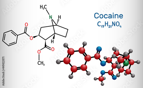 Cocaine, coke, coca molecule. It is tropane alkaloid with central nervous systems CNS stimulating, local anesthetic, vasoconstrictor. Structural chemical formula, molecule model