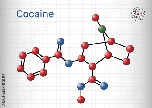 Cocaine, coke, coca molecule. It is tropane alkaloid with central nervous systems CNS stimulating, local anesthetic, vasoconstrictor. Sheet of paper in a cage