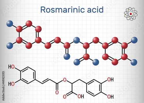 Rosmarinic acid, molecule. It is polyphenol, phenylpropanoid, monocarboxylic acid, non-steroidal anti-inflammatory drug, antioxidant, serine proteinase inhibitor. Sheet of paper in a cage