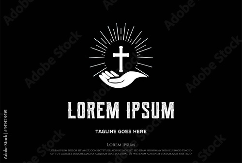 Sun Sunrise Sunset Light with Christian Jesus Church Chapel Cross Religion Logo Design Vector