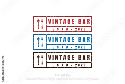 Rectangle Rustic Stamp Bar Restaurant Logo Design Vector