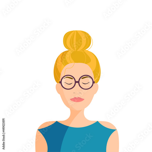 Young woman with blonde hair bun in glasses and blue top. Colorful flat stock vector illustration.