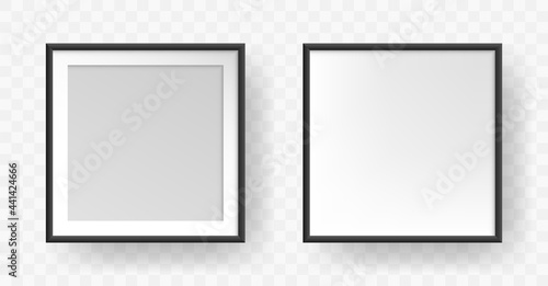 Photo frame square mockup. Realistic black empty framing, 3d blank photograph design template. Vector illustration