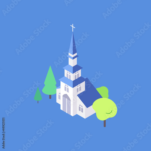 Isometric church building flat illustration. Chapel yard with trees around