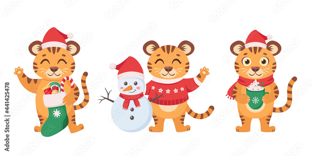 Set of cute tigers. Year of the Tiger. Tiger with snowman, sweets and coffee. Vector illustration Set of cute tigers. Year of the Tiger. Tiger with snowman, sweets and coffee. Vector illustration