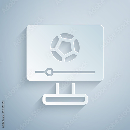 Paper cut Football soccer match on TV icon isolated on grey background. Football online concept. Paper art style. Vector