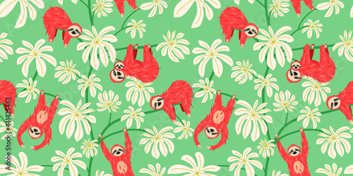 Cute sloth on floral tree pattern design. Seamless background funny lazy animal