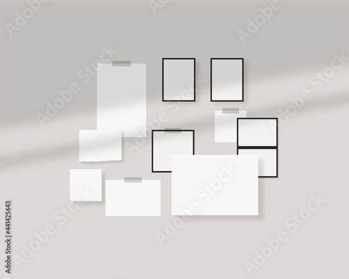 Mood board mockup template. Empty sheets of white paper on the wall with shadow overlay. Mockup vector isolated. Template design. Realistic vector illustration.
