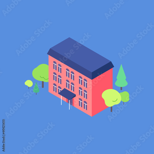 Isometric old apartment house flat illustration. Condo yard with trees around