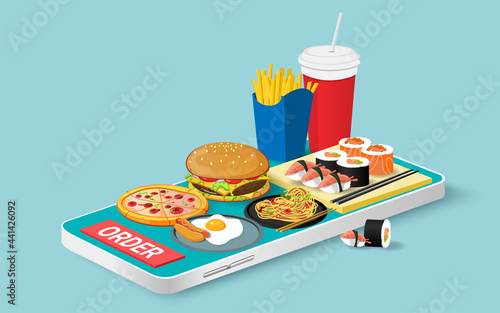 Order food on smartphone. Shopping online . Modern marketing and Digital marketing. e-commerce. online store promotion concept. 3D vector illustration
