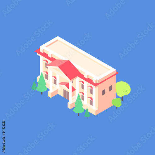 Isometric apartment old colonial building flat illustration. City hall yard with trees around