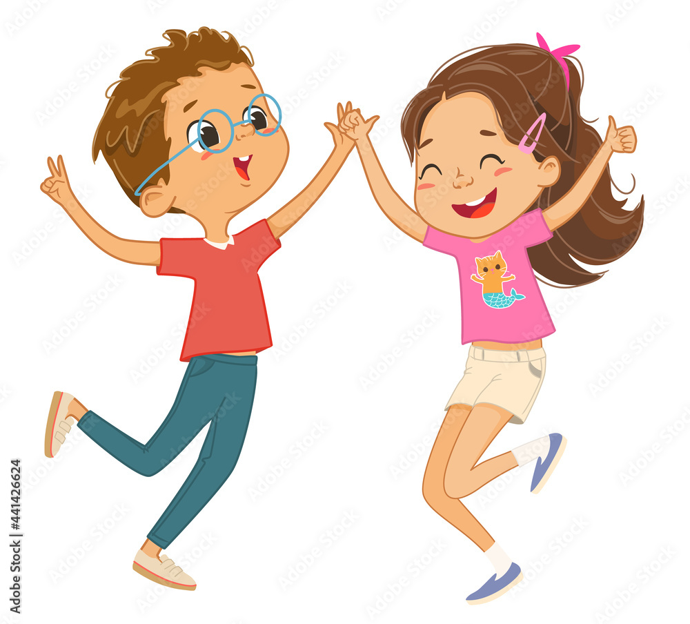 Caucasian boy and girl play together, happily jump and dance. Concept of fun and vibrant moments of childhood. Vector illustrations. Caucasian boy and girl play together, happily jump and dance. Concept of fun and vibrant moments of childhood. Vector illustrations.
