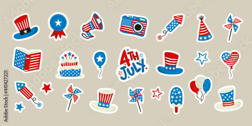 Set of stickers for USA Independence Day. Symbols of the United States of America in national colors. A set of items for July 4th. Vector illustration for poster design.