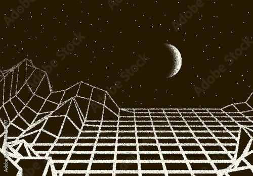 Retro dotwork landscape with 80s styled laser grid, planet, sun and stars background from old sci-fi book or poster