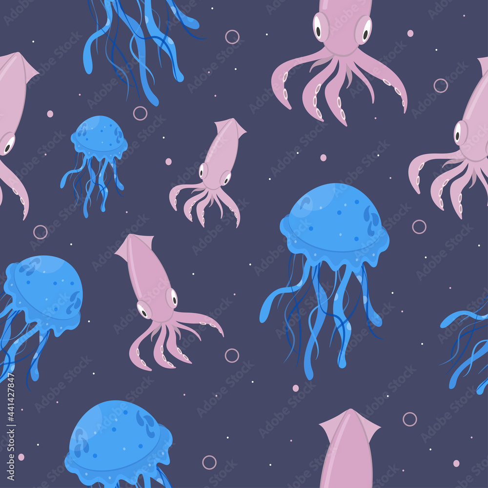 Seamless pattern with pink squid, blue jellyfish and bubble. Cartoon vector illustration Seamless pattern with pink squid, blue jellyfish and bubble. Cartoon vector illustration