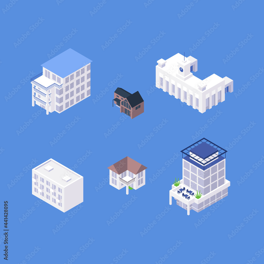 Set of isometric downtown objects. Organic flat city buildings collection. Apartment houses, cottages, railway station, office building Set of isometric downtown objects. Organic flat city buildings collection. Apartment houses, cottages, railway station, office building