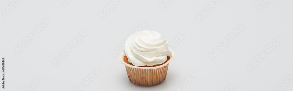 baked tasty cupcake with icing on top on white, banner baked tasty cupcake with icing on top on white, banner