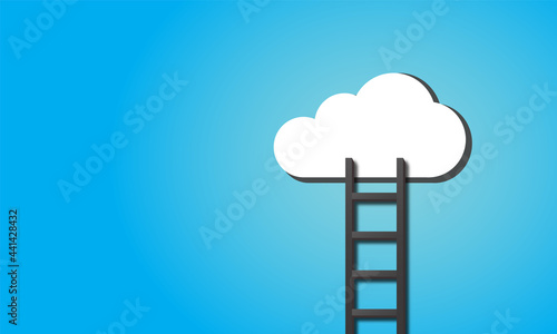 White cloud and its shadow with black stair step ladder on blue background. Cloud computing technology adoption, leadership and successful career achievement concept.