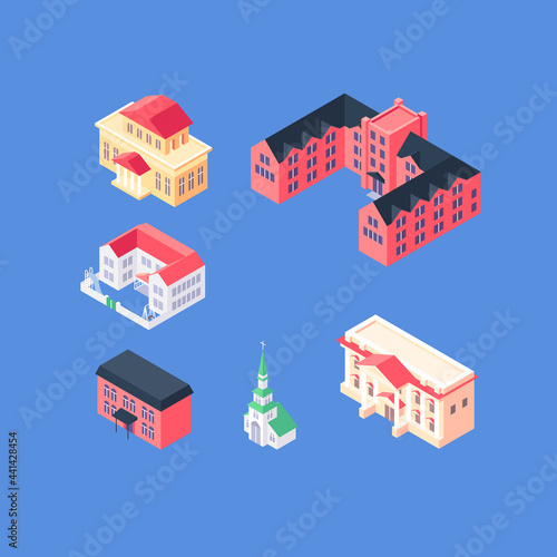Set of isometric downtown objects. Organic flat town buildings collection. Museum, university, sity hall, cottages, condos, church