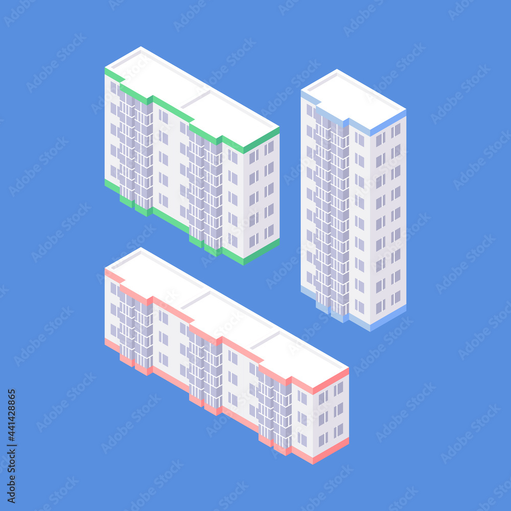 Set of isometric residential area objects. Organic flat apartment houses collection. three-storey five-storey and nine-storey condos Set of isometric residential area objects. Organic flat apartment houses collection. three-storey five-storey and nine-storey condos