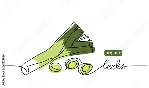 Leeks, fresh onion stalk vector illustration, background. One line drawing art illustration with lettering organic leeks