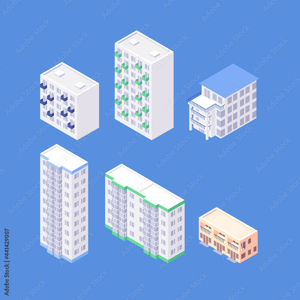 Set of isometric residential area objects. Organic flat apartment houses collection. 
