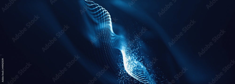 Blue particles wave background. Abstract dynamic mesh. Big data technology. - obrazy, fototapety, plakaty 