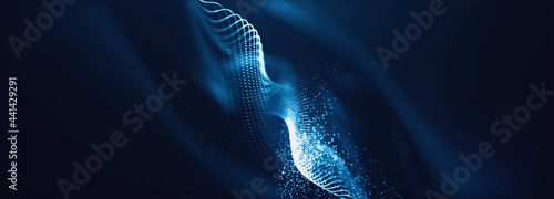 Blue particles wave background. Abstract dynamic mesh. Big data technology. photo