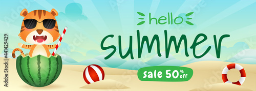 summer sale banner with a cute tiger in the watermelon