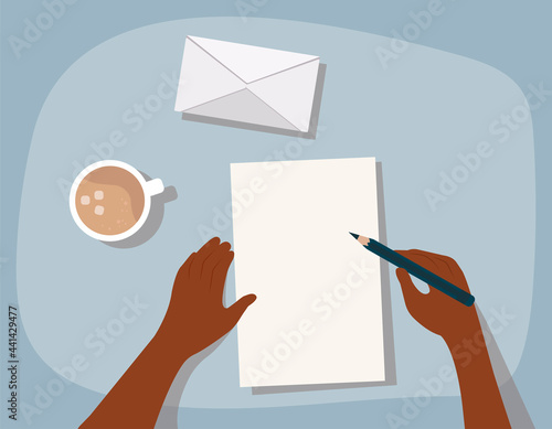 Hands holding a document and a pen. Survey, quiz, to-do list or deal concept. Vector illustration in flat style.	