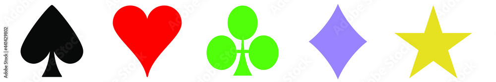 Deck of playing cards with five suits isolated on white background. Five crowns vector elements