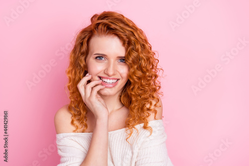 Photo of young attractive girl happy positive smile foxy hair finger touch teeth isolated over pastel color background