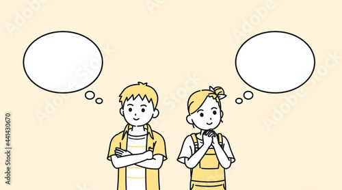 思い浮かべる男の子と女の子のイラスト　想像　空想　吹き出し　子供　小学生　低学年