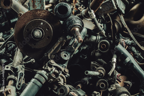 Car motor parts. Auto motor mechanic spare or automotive piece on dark backgr...