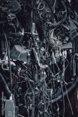 Car motor parts. Auto motor mechanic spare or automotive piece on dark backgr...