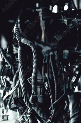 Car motor parts. Auto motor mechanic spare or automotive piece on dark backgr...